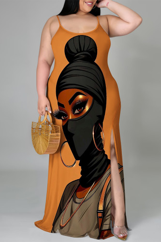 Orange Khaki Casual Cartoon Print Slit Contrast U Neck Printed Plus Size Dresses