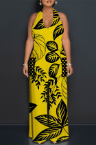 Yellow Casual Geometric Print Pocket Lace Up Backless Contrast Halter Loose Jumpsuits