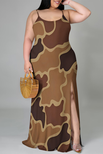 Brown Sexy Camouflage Print Gradient Slit Contrast U Neck Printed Plus Size Dresses