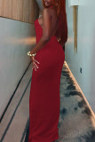 Red Sexy Solid Color Hollow Out Patchwork Backless O Neck Long Dresses