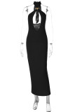 Red Sexy Solid Color Hollow Out Patchwork Backless O Neck Long Dresses