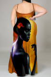 Apricot Casual Cartoon Print Slit Contrast U Neck Printed Plus Size Dresses