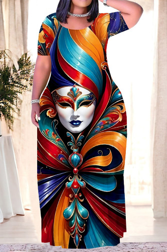 Red Blue Casual Print Mask portrait Contrast O Neck Printed Plus Size Dresses