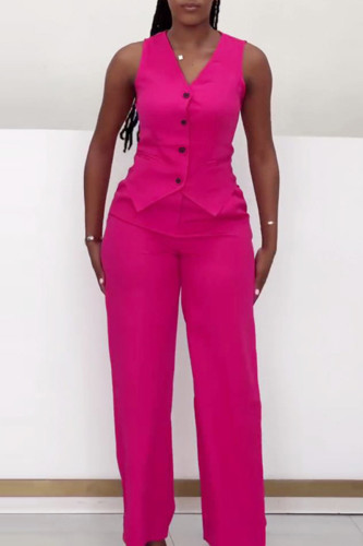 Rose Red Casual Solid Color Buckle Patchwork V Neck Sleeveless Two Pieces