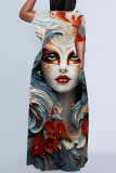 Blue Casual Print Mask portrait Contrast O Neck Printed Plus Size Dresses