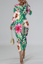 Green Elegant Floral Print Contrast O Neck Printed Dresses