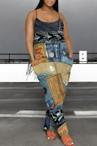 Multicolor Casual Faux Denim Print Pocket Contrast U Neck Loose Jumpsuits