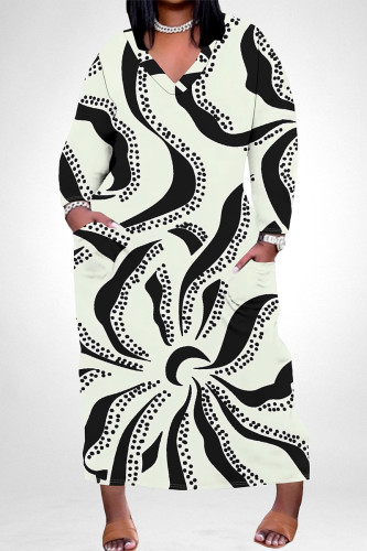 White Grey Casual Flowers Love Print Pocket Contrast V Neck Printed Plus Size Dresses