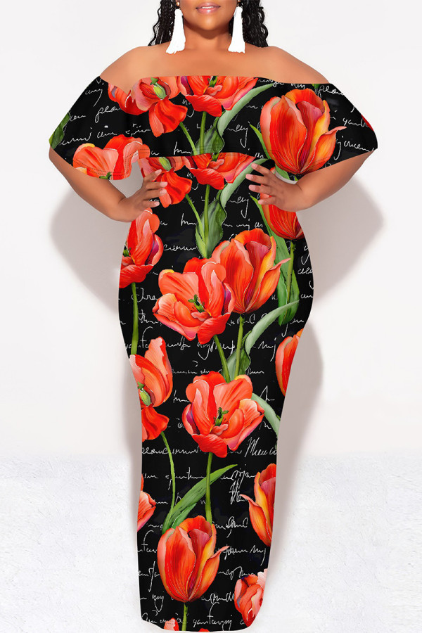 Black Sexy Floral Print fruit Ruffle Contrast Off Shoulder Printed Dresses