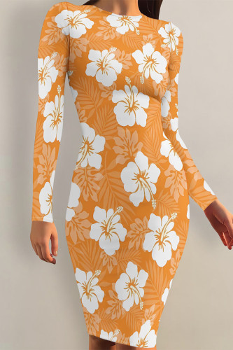 Orange Elegant Flowers Print Contrast O Neck Printed Dresses