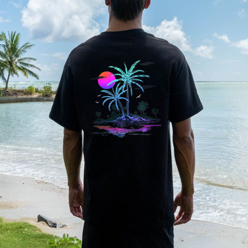 Black BEACH AT NIGHT PRINTED MEN'S T-SHIRT