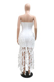 White Sexy Solid Color Patchwork Backless Strapless Irregular Dresses