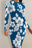 Light Purple Elegant Flowers Print Contrast O Neck Printed Dresses