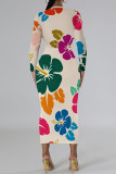 Rose Red Elegant Flowers Print Gradient Contrast O Neck Printed Dresses