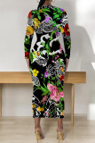 Deep Blue Elegant Floral Print Contrast O Neck Printed Dresses
