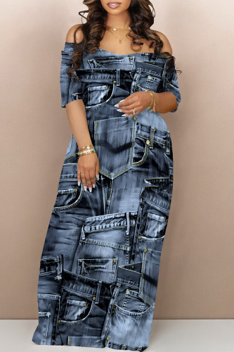 Blue Black Street Faux Denim Print Contrast V Neck Printed Dresses