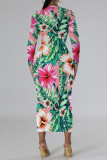 Deep Blue Elegant Floral Print Contrast O Neck Printed Dresses