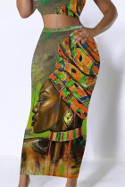 Green Casual Print portrait Contrast Skinny High Waist Full Print Bottoms