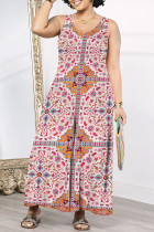 Red Casual Geometric Print Floral Print Pocket Contrast V Neck Loose Jumpsuits