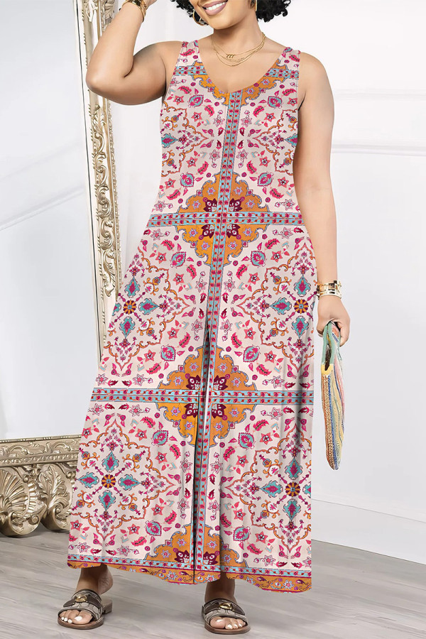 Red Casual Geometric Print Floral Print Pocket Contrast V Neck Loose Jumpsuits