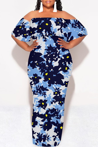 Blue Sexy Floral Print fruit Ruffle Contrast Off Shoulder Printed Dresses