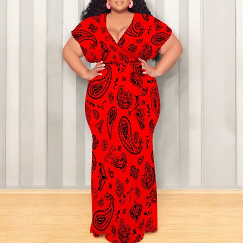 Red Casual Print Patchwork Strap Design V Neck Long Plus Size Dresses