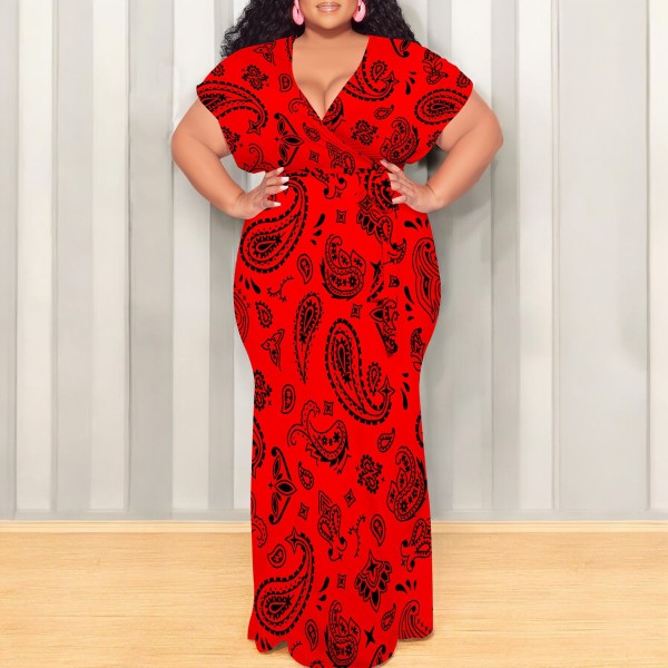 Red Casual Print Patchwork Strap Design V Neck Long Plus Size Dresses
