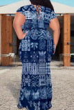 Tibetan Blue Casual Print Patchwork Strap Design V Neck Long Plus Size Dresses