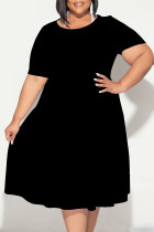 Black Casual Solid Color Patchwork O Neck Short Sleeve Plus Size Dresses