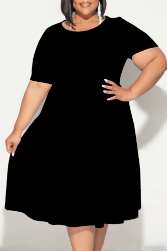 Black Casual Solid Color Patchwork O Neck Short Sleeve Plus Size Dresses