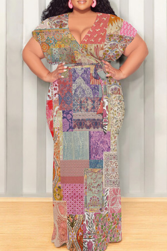 Fuchsia Casual Print Patchwork Strap Design V Neck Long Plus Size Dresses