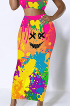 Multicolor Casual Letters Gradient Splashed ink printing Leopard Contrast Skinny High Waist Full Print Bottoms