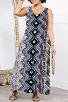 Dark Blue Casual Geometric Print Floral Print Pocket Contrast V Neck Loose Jumpsuits