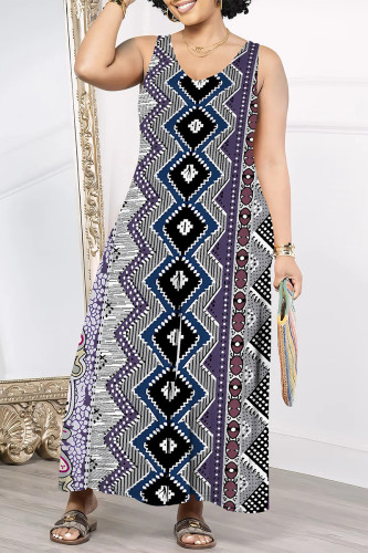 Dark Blue Casual Geometric Print Floral Print Pocket Contrast V Neck Loose Jumpsuits