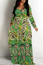 Green Casual Floral Print Pocket Contrast V Neck Printed Dresses