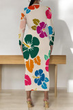 Rose Red Elegant Flowers Print Gradient Contrast O Neck Printed Dresses