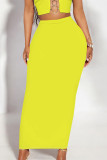 Yellow Casual Solid Color Skinny High Waist Solid Color Bottoms