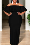 Black Sexy Solid Color Ruffle Off Shoulder Long Dresses