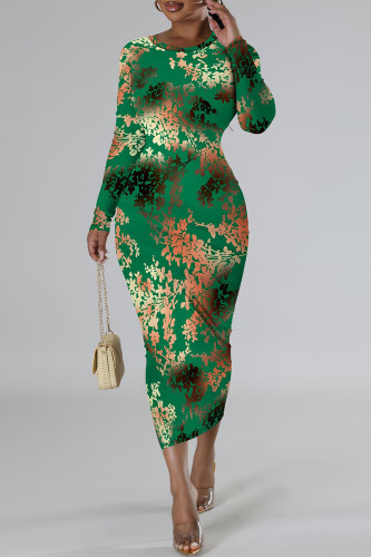Green Elegant Geometric Print Bronzing Pattern Contrast O Neck Printed Dresses