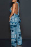 Blue Street Faux Denim Print Pocket Lace Up Backless Halter Loose Jumpsuits