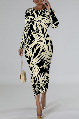 Black Elegant Geometric Print Bronzing Pattern Contrast O Neck Printed Dresses