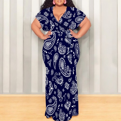 Tibetan Blue Casual Print Patchwork Strap Design V Neck Long Plus Size Dresses