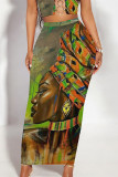 Brown Casual Print portrait Contrast Skinny High Waist Full Print Bottoms