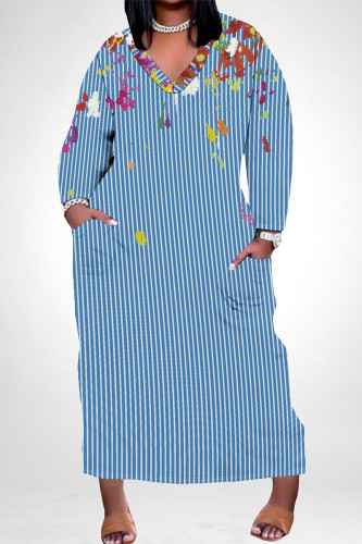 Blue Street Animal Print Stripe Pocket Contrast V Neck Printed Plus Size Dresses