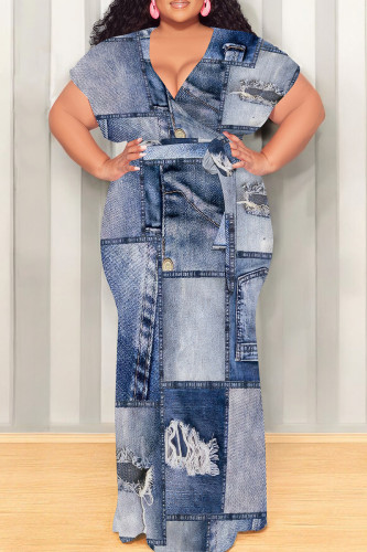 White Blue Casual Print Patchwork Strap Design V Neck Long Plus Size Dresses