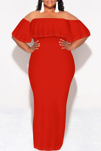 Red Sexy Solid Color Ruffle Off Shoulder Long Dresses