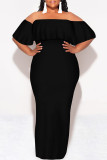Black Sexy Solid Color Ruffle Off Shoulder Long Dresses