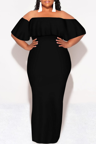 Black Sexy Solid Color Ruffle Off Shoulder Long Dresses