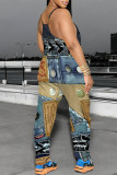 White Grey Casual Faux Denim Print Pocket Contrast U Neck Loose Jumpsuits