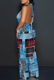 Blue Street Faux Denim Print Pocket Lace Up Backless Halter Loose Jumpsuits